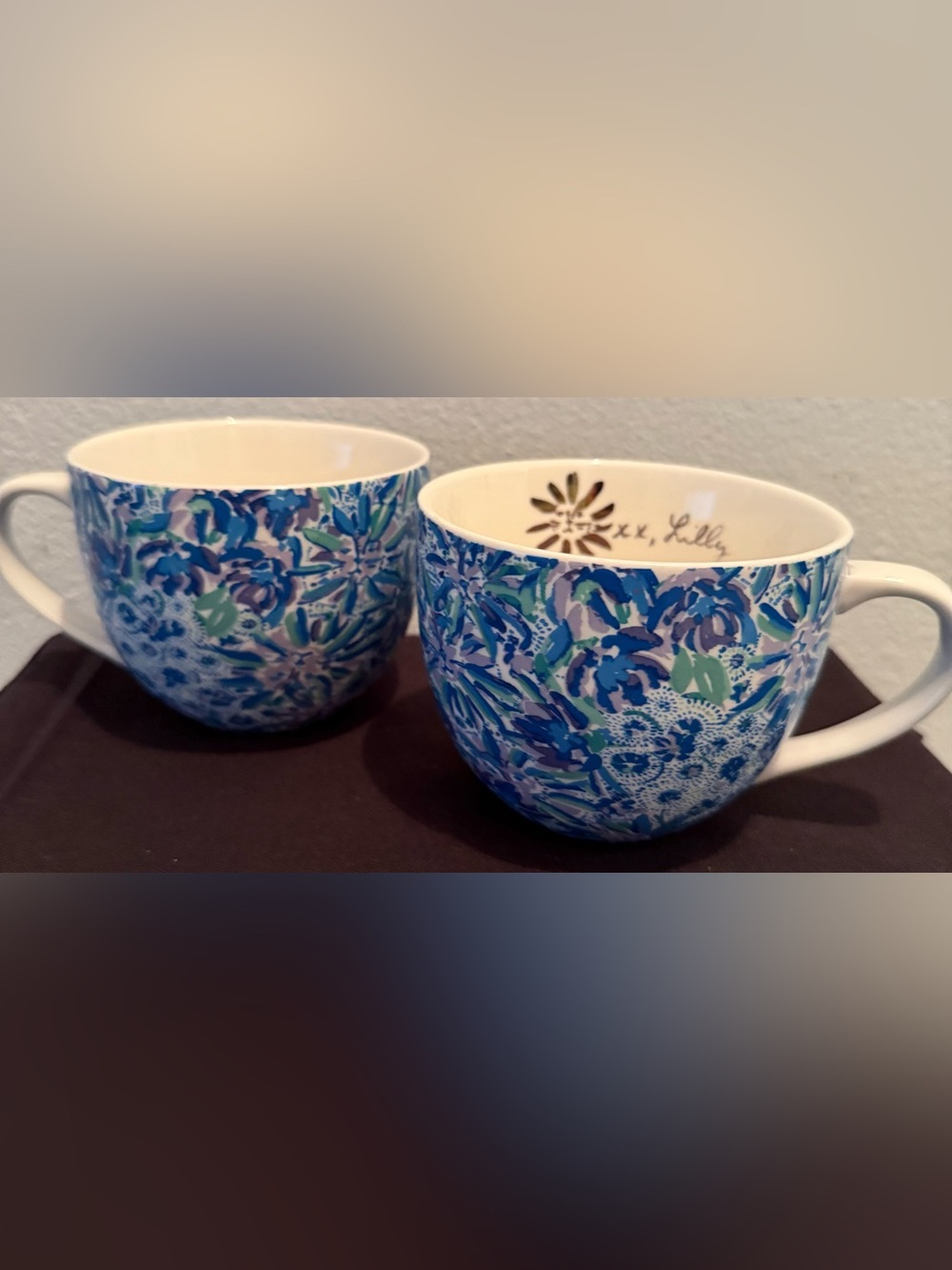 2 Lilly Pulitzer ceramic coffee mugs. Blue floral "High Maintenance" pattern - Picture 3 of 15